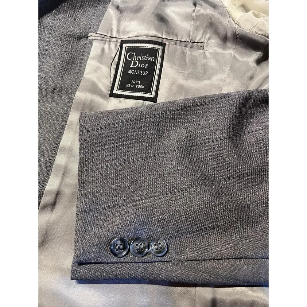 Vtg Christian Dior Monsieur Suit 42L 35x32 Gray Stripe Virgin Wool Designer